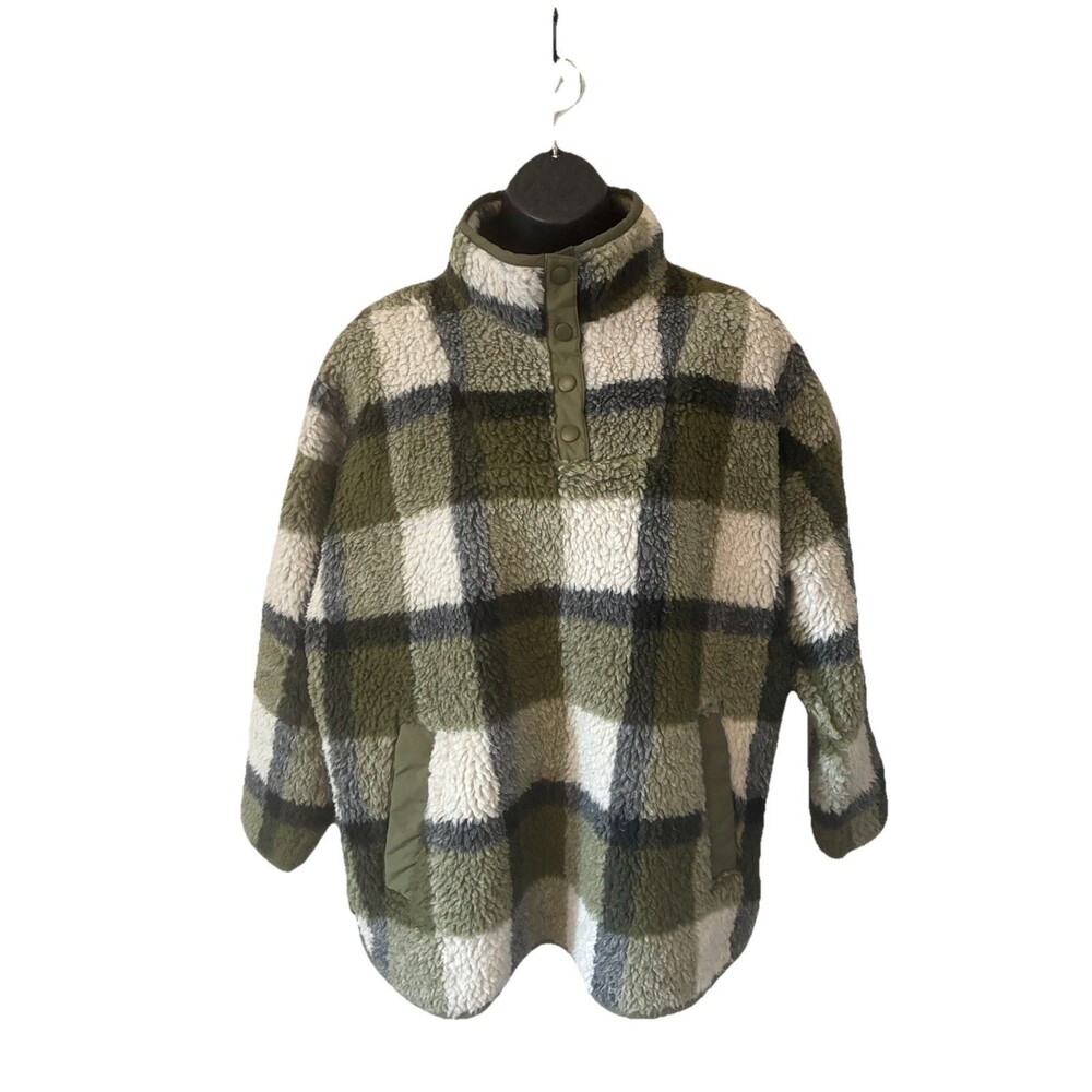Madewell (Re)sourced Sherpa Popover Tunic Jacket Plaid Green Women’s Size Small
